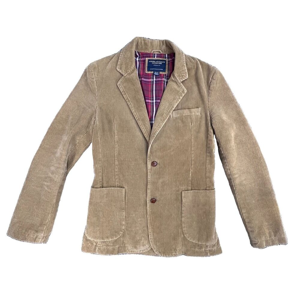 American Eagle Tan Corduroy Blazer Patch Elbows Red Plaid Lining Sz XS 2-button
